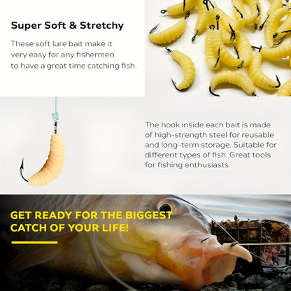 Premium Rubber Maggot Fishing Lures – 12pcs Set for Trout, Crappie & Freshwater Fish with Hooks