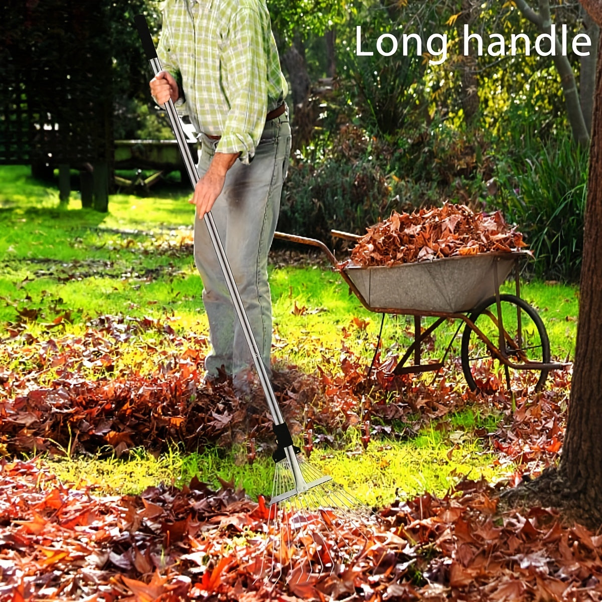 Adjustable Metal Leaf Rake with Long Handle - Heavy-Duty Garden Rake for Lawns, Expandable Head for Leaves, Perfect for Women, Kids, Gardening, and RV Camping