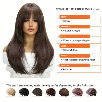 Long Natural Straight Dark Brown Wig with Blunt Bangs - 24 Inch, Synthetic Fibers, Rose Net, Perfect for Daily Wear