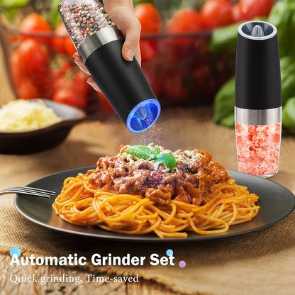 Gravity Electric Salt and Pepper Grinder Set: Battery-Powered with LED Light, One-Handed Automatic Operation, Adjustable Coarseness, Black - Kitchen Gadget Gift Idea