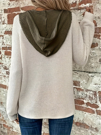 Color Block Button Front Drawstring Hoodie - Casual Long Sleeve Sweatshirt for Women