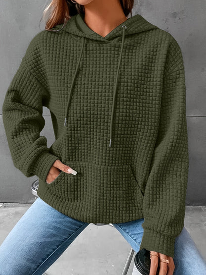 Plus Size Casual Hooded Sweatshirt for Women – Solid Waffle Pattern, Long Sleeve, with Drawstring and Pockets