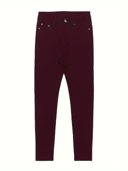 Women's High Waist Stretch Jeans - Street Style Skinny Denim Pants with Metal Button Details, Plain Black Casual Fashion