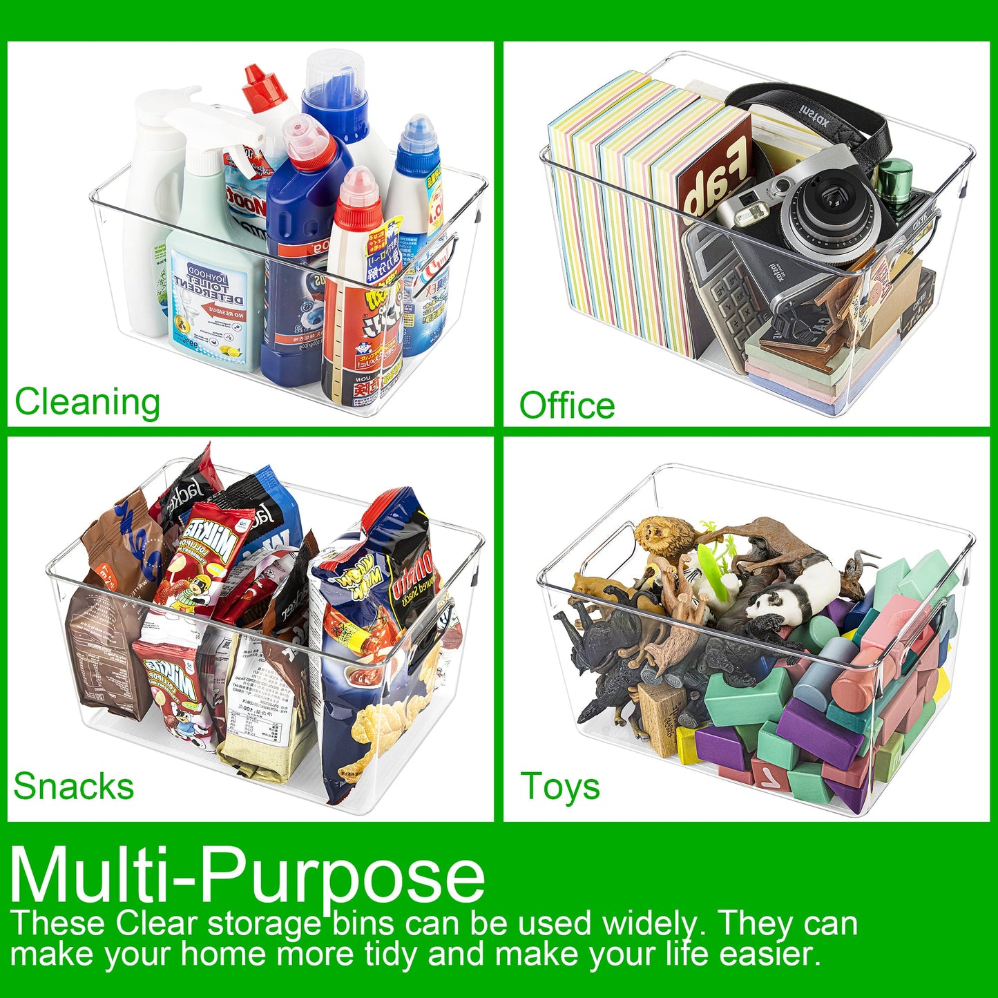 6 Pack Clear Storage Bins with Handles – Organizer for Toys, Snacks, Office Supplies & Pantry (11" x 8" x 6")