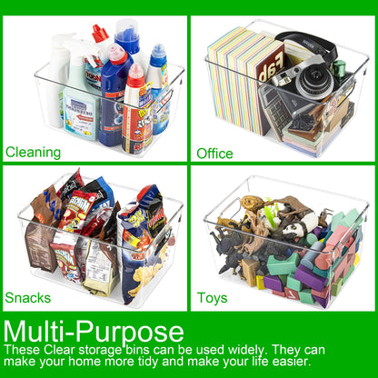6 Pack Clear Storage Bins with Handles – Organizer for Toys, Snacks, Office Supplies & Pantry (11" x 8" x 6")