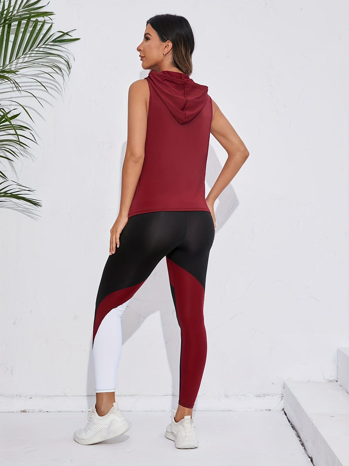 3 Piece Sports Set – Color Block Sports Bra, Drawstring Hooded Tank Top, and Leggings, Women's Activewear