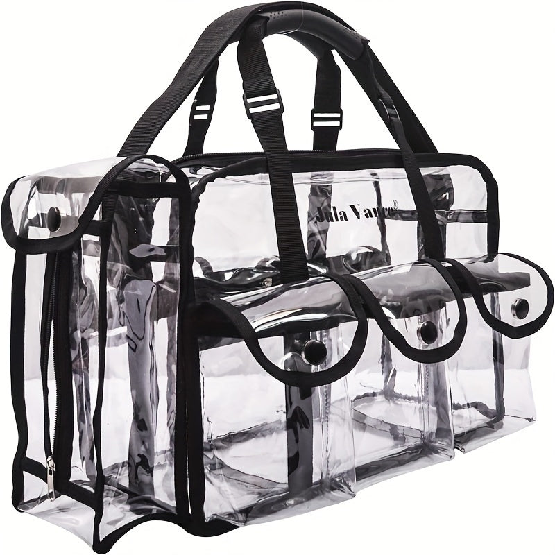 Professional Large Capacity Transparent PVC Makeup Organizer – Waterproof Cosmetic Bag with 6 Pockets and Adjustable Shoulder Strap, Travel-Friendly for MUA and Artists