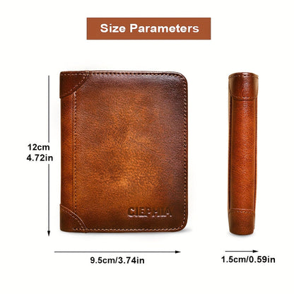 RFID Blocking Trifold Genuine Leather Wallet for Men – Vintage Cowhide, Multi-Function Credit Card Holder with Money Clip and 2 ID Windows