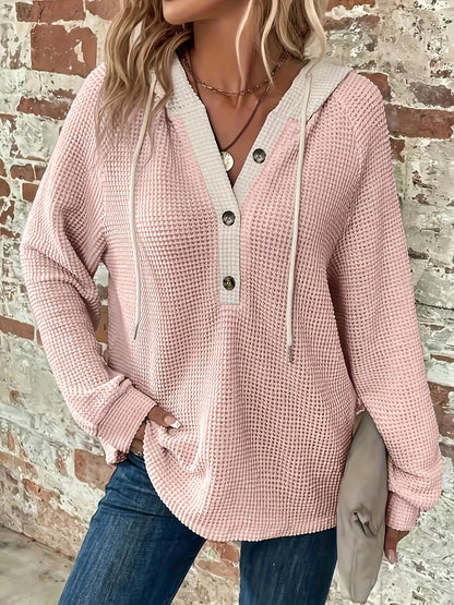 Color Block Button Front Drawstring Hoodie - Casual Long Sleeve Sweatshirt for Women