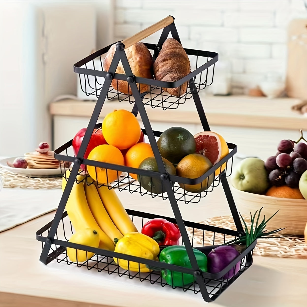 Countertop Fruit and Vegetable Basket – Removable Bowl Storage with Wooden Handle – Kitchen Preservation Holder and Accessories