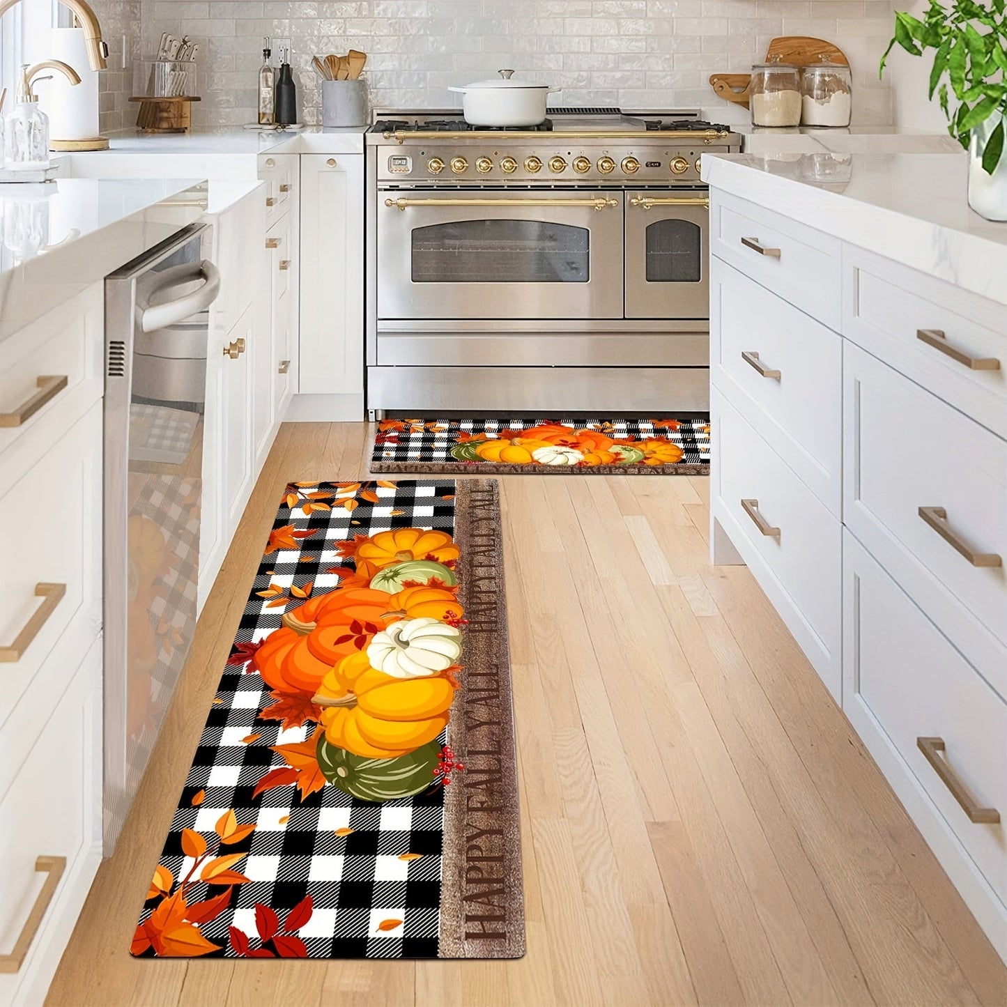 Autumn Pumpkin Print Floor Mat – Thanksgiving Harvest Carpet with Maple Leaf Grid, Anti-Fatigue, Anti-Skid and Washable for Kitchen, Dining Room, Office and Laundry Room