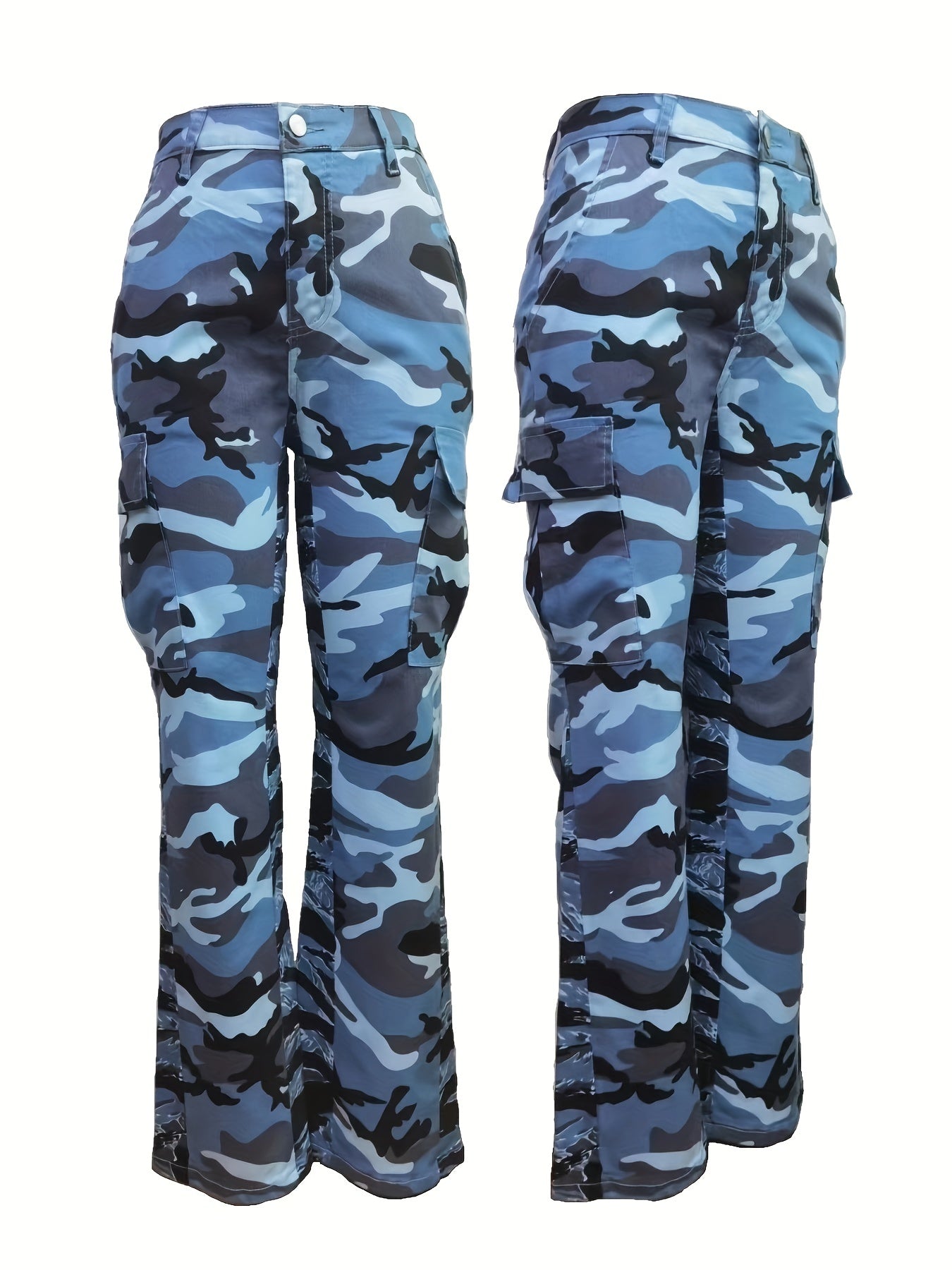 Fashionable High-Waist Camouflage Cargo Jeans – Sleek Straight Fit with Medium Stretch & Stylish Flap Pockets – Trendy High-Rise Denim Pants for Women
