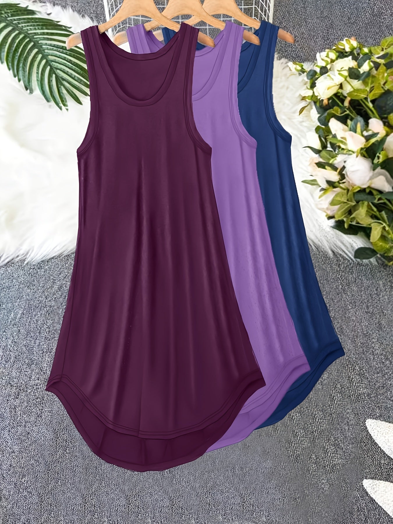 3 Pack Plus Size Basic Lounge Dress Set – Women's Solid Round Neck Tank Sleep Dress, 3 Piece Set