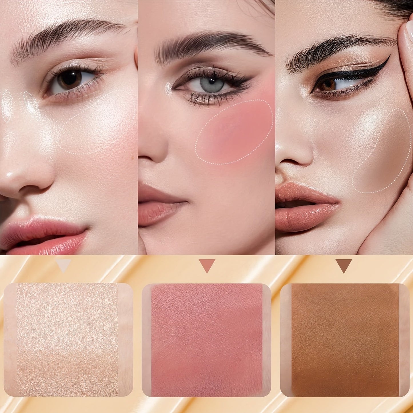 3Pcs Contour, Blush & Highlighter Stick Set - Non-Greasy, Waterproof, Long-Lasting Cream Contour Kit with Brush for a Flawless Look, Fair-Medium, Perfect for Halloween Makeup