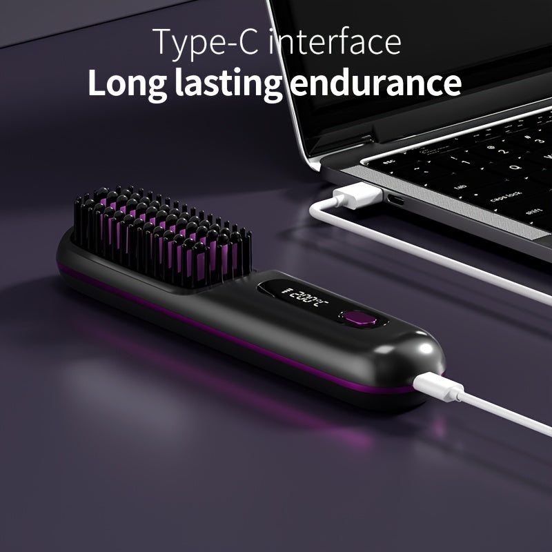 Wireless Hair Straightener Brush - 7.87x1.77x1.18 Inches, 3 Temperature Settings, LED Display, USB Rechargeable, 36V Max, 2000mAh Battery - Professional Styling Tool for Home and Travel