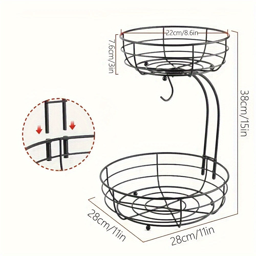 2 Tier Fruit Basket Bowl with Banana Hangers – Metal Wire Vegetable Storage Stand for Kitchen Counter, Fruits Organizer