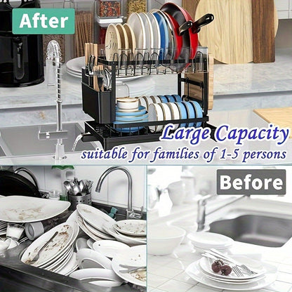 2-Tier Large Stainless Steel Dish Drying Rack with Drainboard – Black Dish Drainer for Kitchen Counter – Includes Space for Dishes, Knives, Cups, Cutting Board
