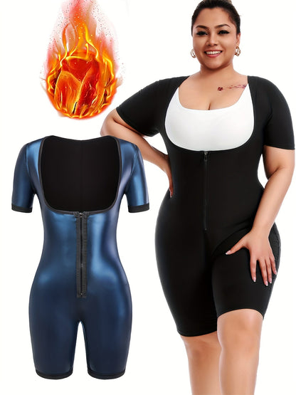Women's Plus Size Zipper Short Sleeve Sweat Jumpsuit – Running Sweat Fitness Yoga Body Shaper Tunic with Butt Lifting Design