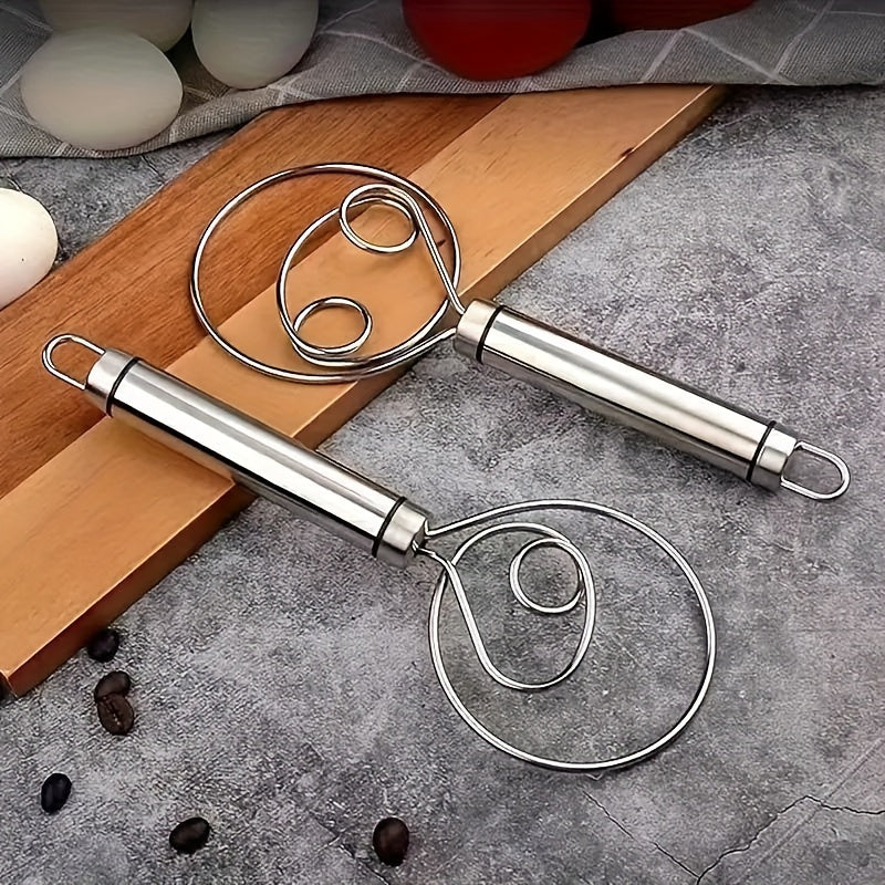 Stainless Steel Dough Mixer and Whisk - Handheld Bread Tool with Dough Scraper - Double Hole Quick Mixing for Cooking, Baking, and Food Trucks
