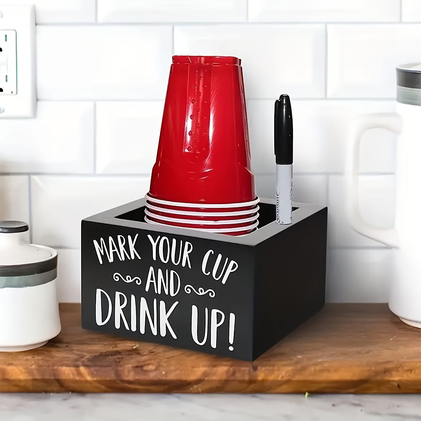 Rustic Wooden Cup Holder with Marker Slot - Ideal for Coffee Shops, Bars, and Parties, Fits Most Plastic Cups, Decorative Drink Dispenser with Utility Hooks