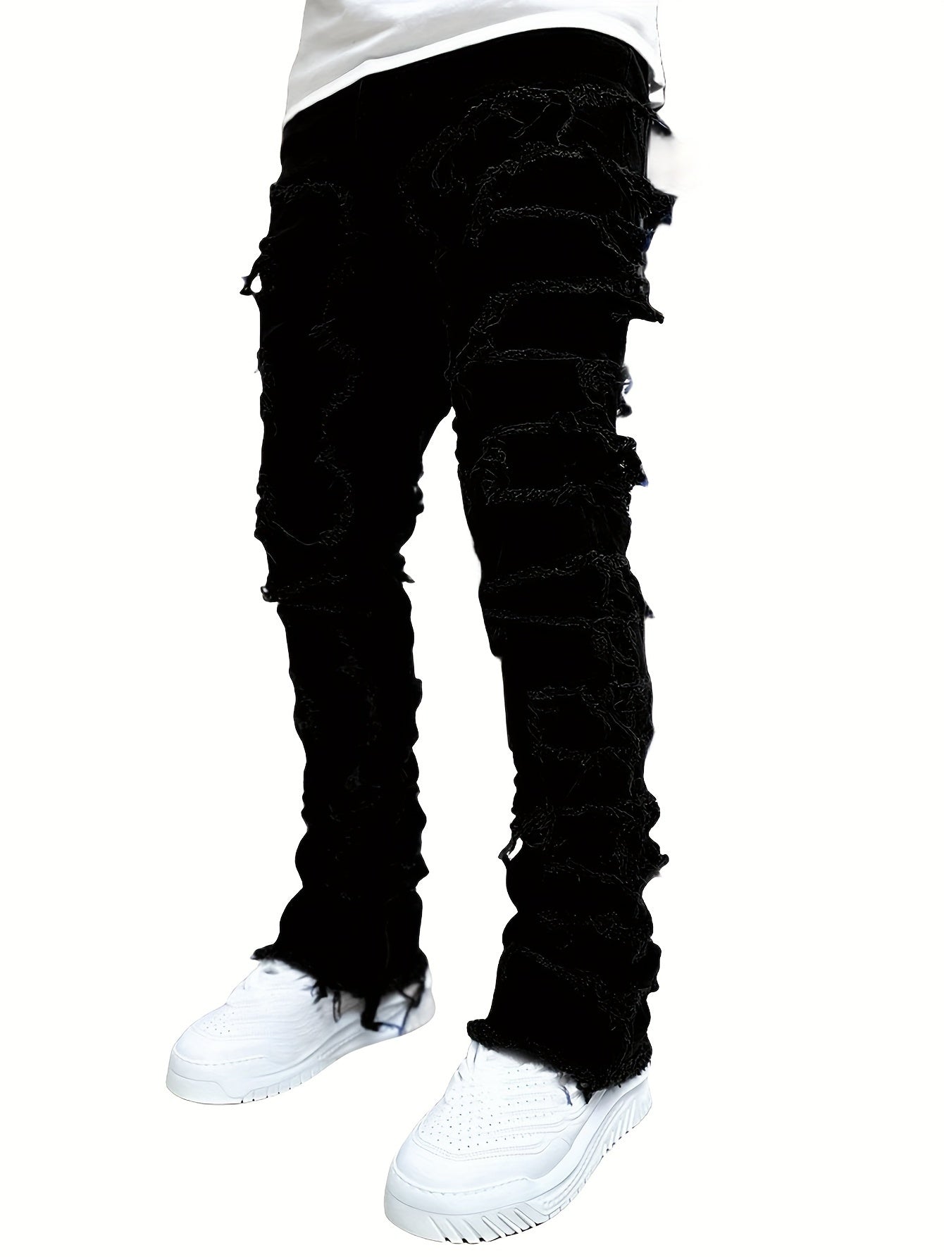 Creative Tassels Decoration Straight Fit Jeans - Men's Casual Medium Stretch Street Style Denim Pants for All Seasons