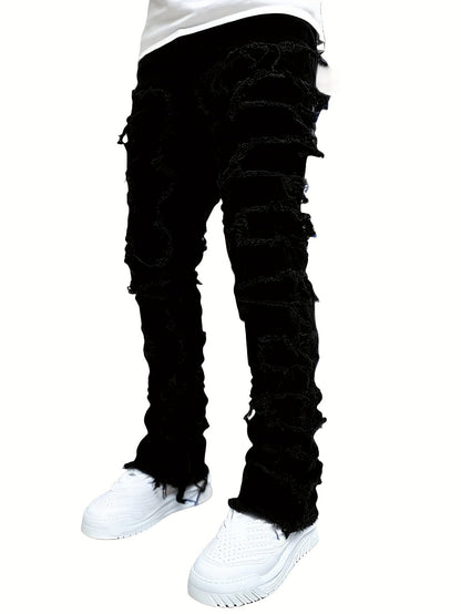 Creative Tassels Decoration Straight Fit Jeans - Men's Casual Medium Stretch Street Style Denim Pants for All Seasons
