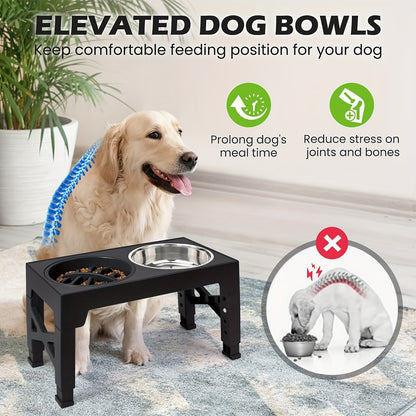 Elevated Dog Bowls with 5 Adjustable Heights – Raised Stand with 2 Stainless Steel Bowls and 1 Slow Feeder, Adjusts from 3.2" to 12.2" for Small, Medium, and Large Dogs