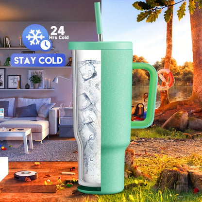 Meoky 40oz Stainless Steel Travel Mug – Insulated Handle Mug with Leakproof Lid and Straw, Ideal for Outdoor Camping, Hiking, and Car Travel - Covered Thermos.