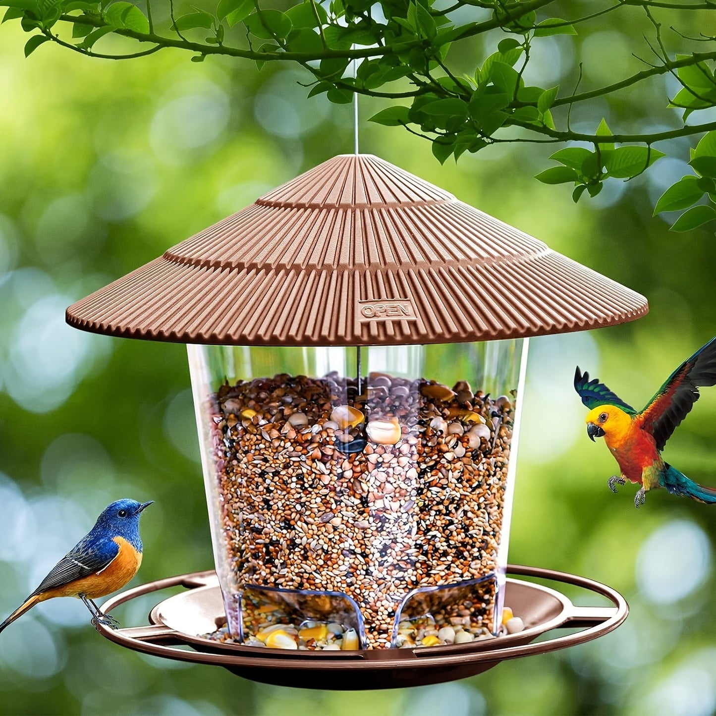 Deluxe Hanging Bird Feeder - Squirrel Proof, Weather Resistant, Easy to Clean and Fill, Attracts Wild Birds, Decorative for Outdoor Garden, Yard, and Patio - Brown