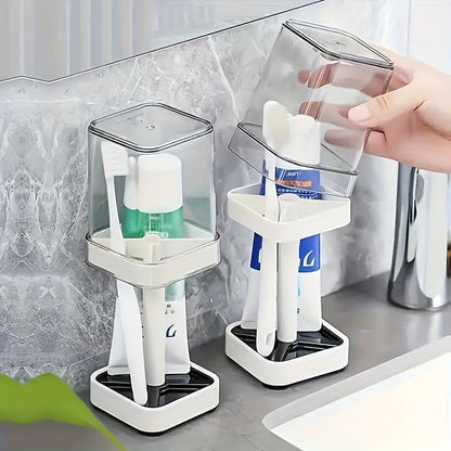 Toothbrush Holder Stand with Cover & Transparent Mouthwash Cup – Ideal for Bathrooms, Stores Toothpaste and Toothbrushes, Suitable for Home, Dormitory, School