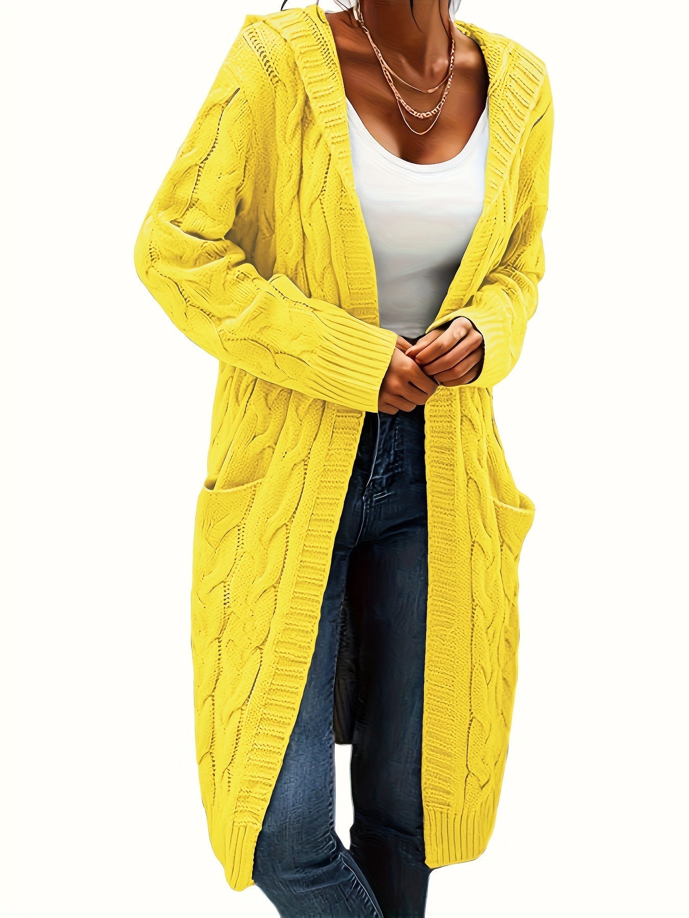 Solid Open Front Cable Knit Hooded Cardigan – Casual Long Sleeve Mid-Length Sweater with Pocket for Women
