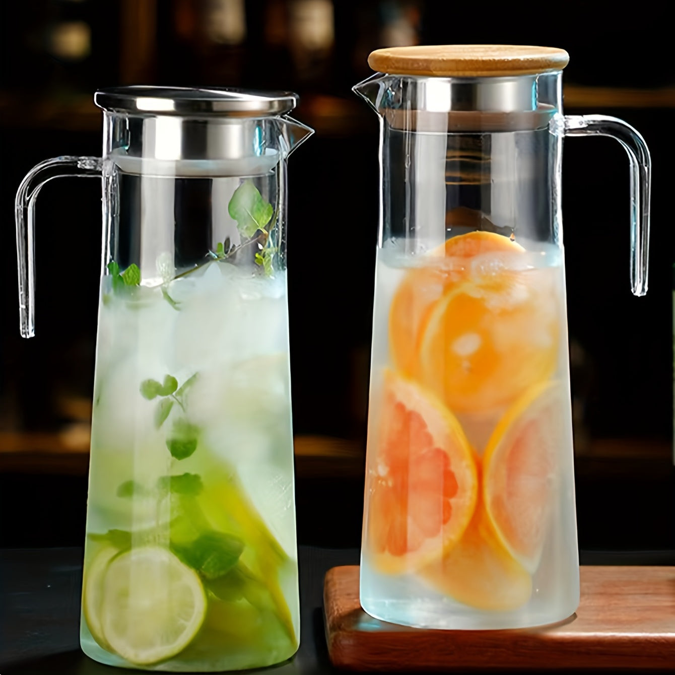 Water Pitcher with Lid – 37.1oz/54.1oz Heavy Duty Drink Pitcher – Stainless Steel or Wooden Lid – Ideal for Juice, Bubble Tea, Summer Drinks – Kitchen and Home
