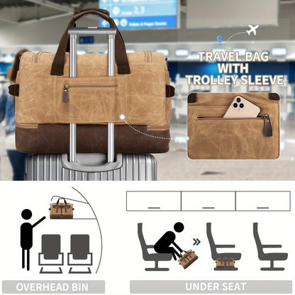 Travel Duffle Bag for Men - Waterproof Canvas Weekender with Wet Pocket, Shoes Compartment, Vintage Carry-On Luggage with Adjustable Strap