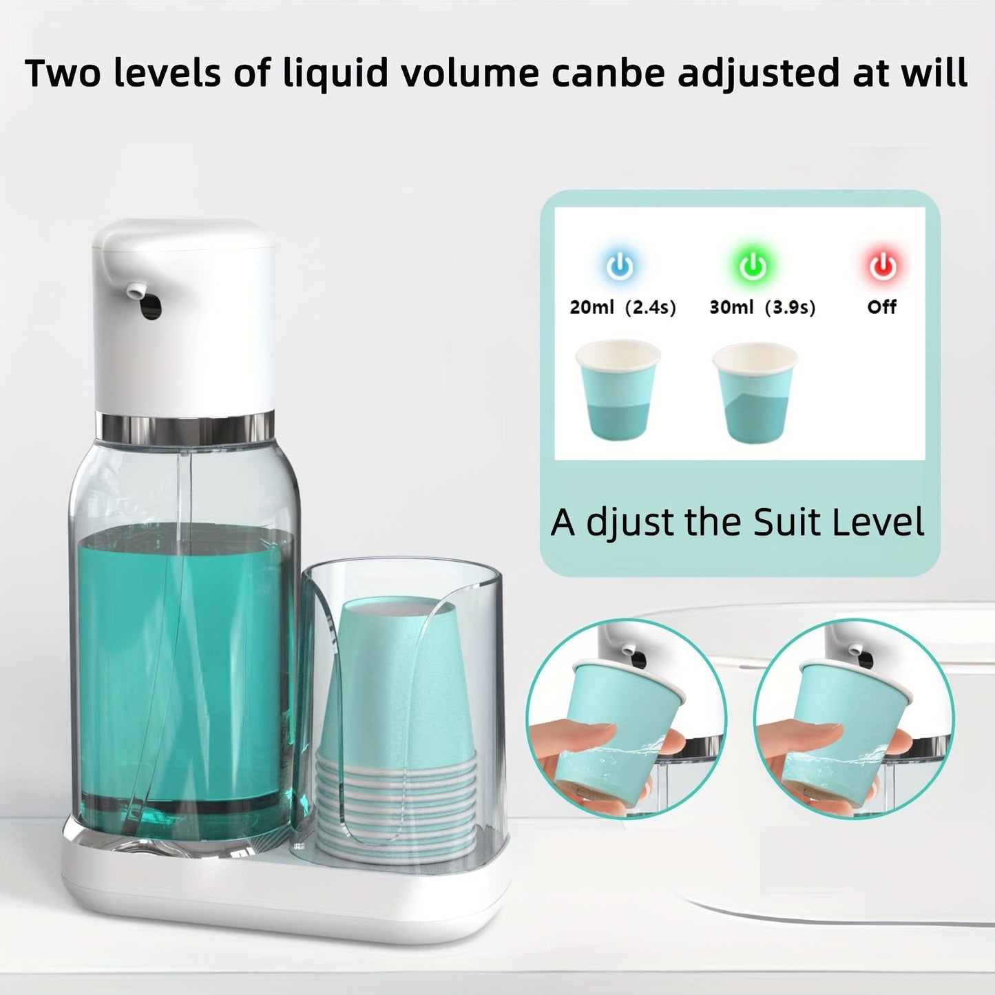 Automatic Mouthwash Dispenser – Smart Rinse Pump with Cup Holder, Infrared Sensor, 2 Dispense Levels, Rechargeable for All Ages