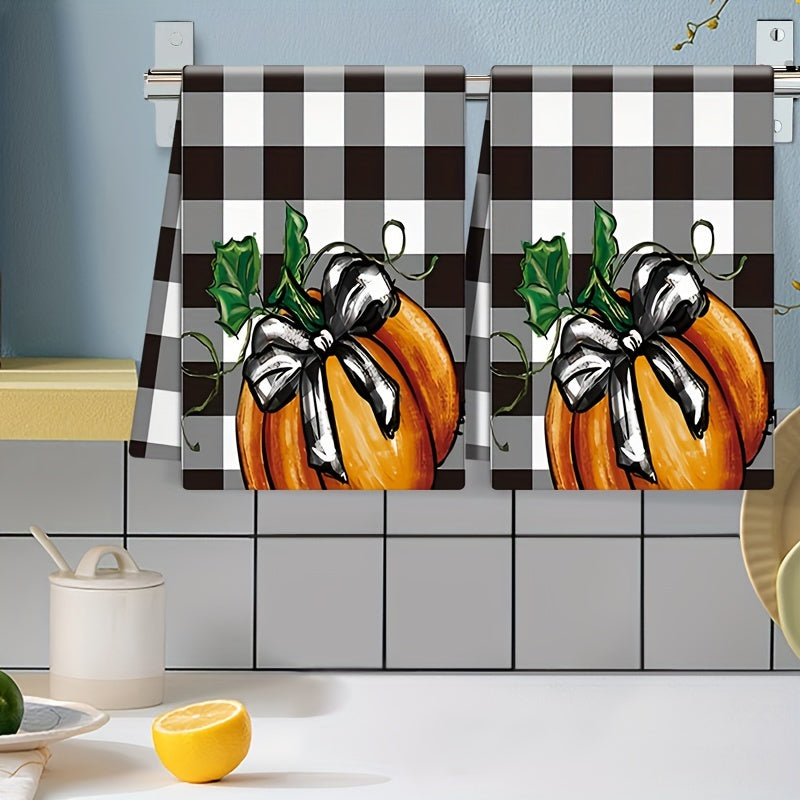 2PCS Vintage Pumpkin Kitchen Towels - Plaid Polyester Dish Cloths for Thanksgiving and Halloween, Machine Washable