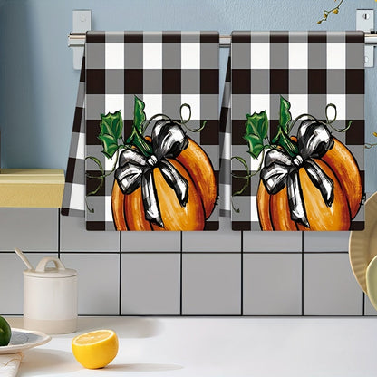 2PCS Vintage Pumpkin Kitchen Towels - Plaid Polyester Dish Cloths for Thanksgiving and Halloween, Machine Washable