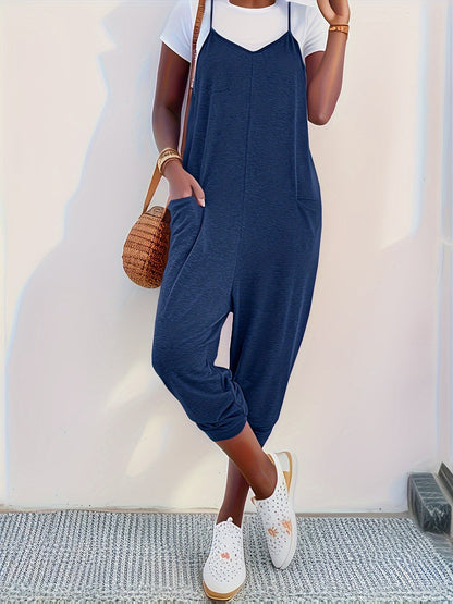 Solid Patched Pockets Overall Jumpsuit – Versatile V-Neck Design for Spring and Summer – Women’s Clothing