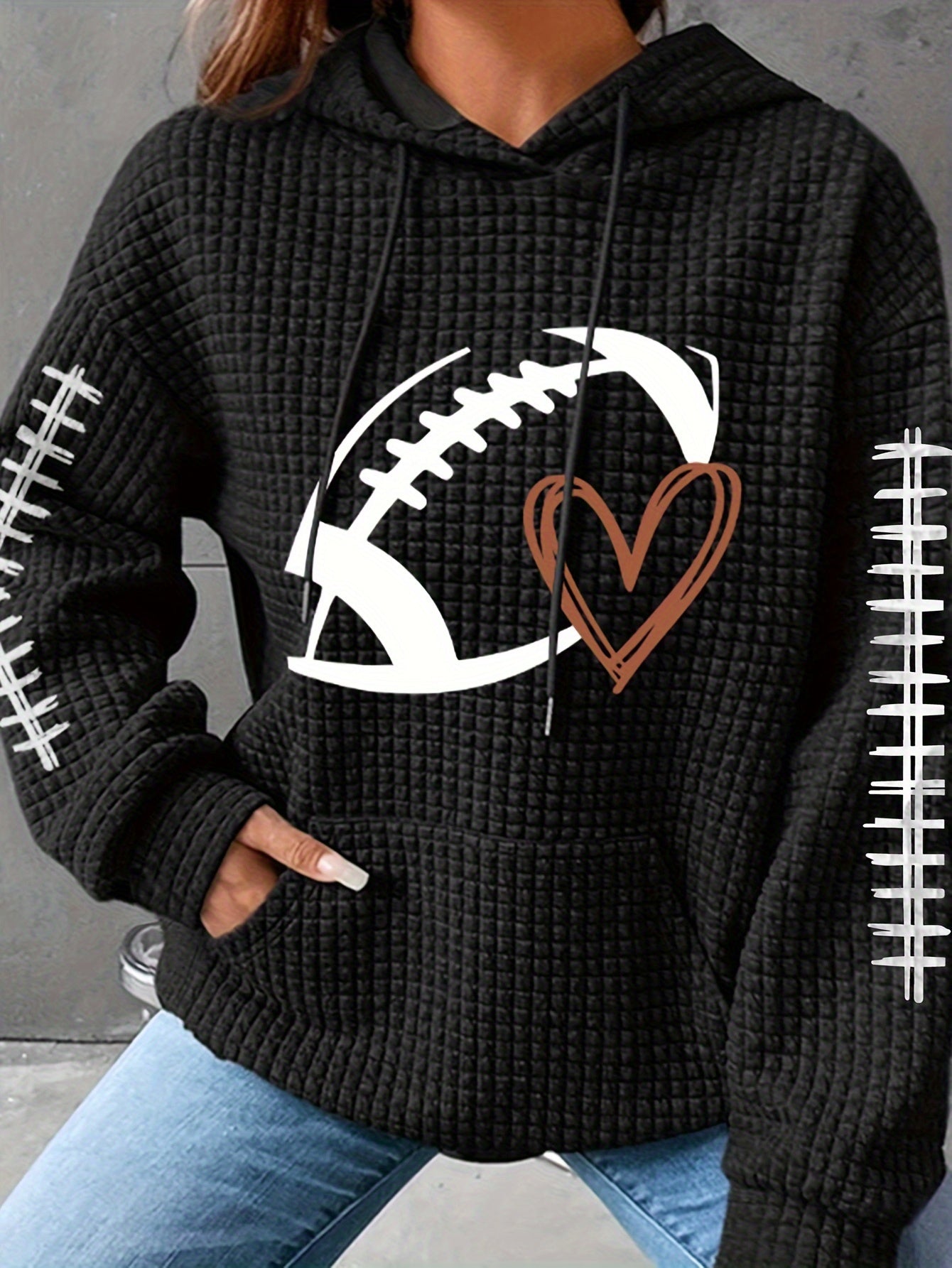 Cozy Plus Size Women's Hoodie – Heart Rugby Print, Waffle Knit, Long Sleeve with Drawstring Hood and Kangaroo Pockets, Casual Wear for Curvy Fashionistas