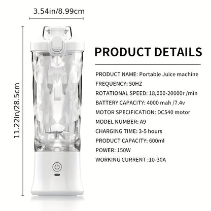 600ml Portable Electric Juicer Cup - Citrus Juicer with Ice Crusher, Wireless and Type-C Charging - Ideal for Fresh Juice on the Go