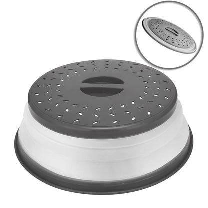 Collapsible Microwave Food Cover – 10.5 Inch Round, BPA-Free TPR with Handle, Steam Vent & Strainer for Plate Protection (Grey)