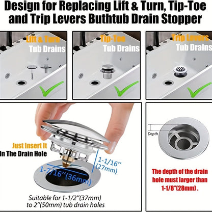 Universal Tub Stopper with Strainer – Pop-Up Cover for Bathtub Drain, Replaces Lift and Turn, Tip-Toe, and Trip Lever Drains, Fits 1-1/2" to 2" Drain Holes