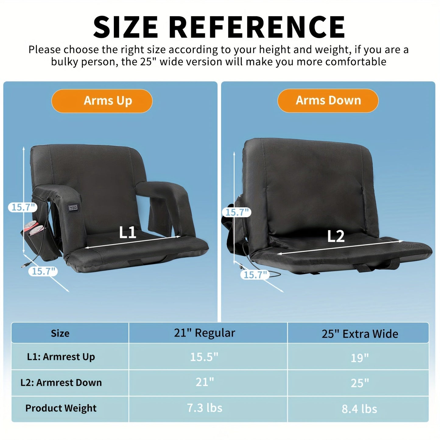 LILYPELLE ComfortPlus Stadium Seat - Double Heated, 6 Reclining Positions, Portable Bleacher Seat with Back and Arm Support for Sports Events, Travel, Hiking, Camping, and Outdoor Activities
