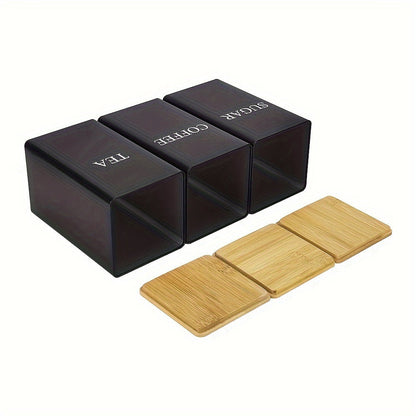 Set of 3 Square Metal Canisters with Wooden Lids – Tea, Sugar, and Coffee Storage