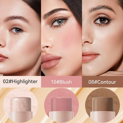 3Pcs Contour, Blush & Highlighter Stick Set - Non-Greasy, Waterproof, Long-Lasting Cream Contour Kit with Brush for a Flawless Look, Fair-Medium, Perfect for Halloween Makeup