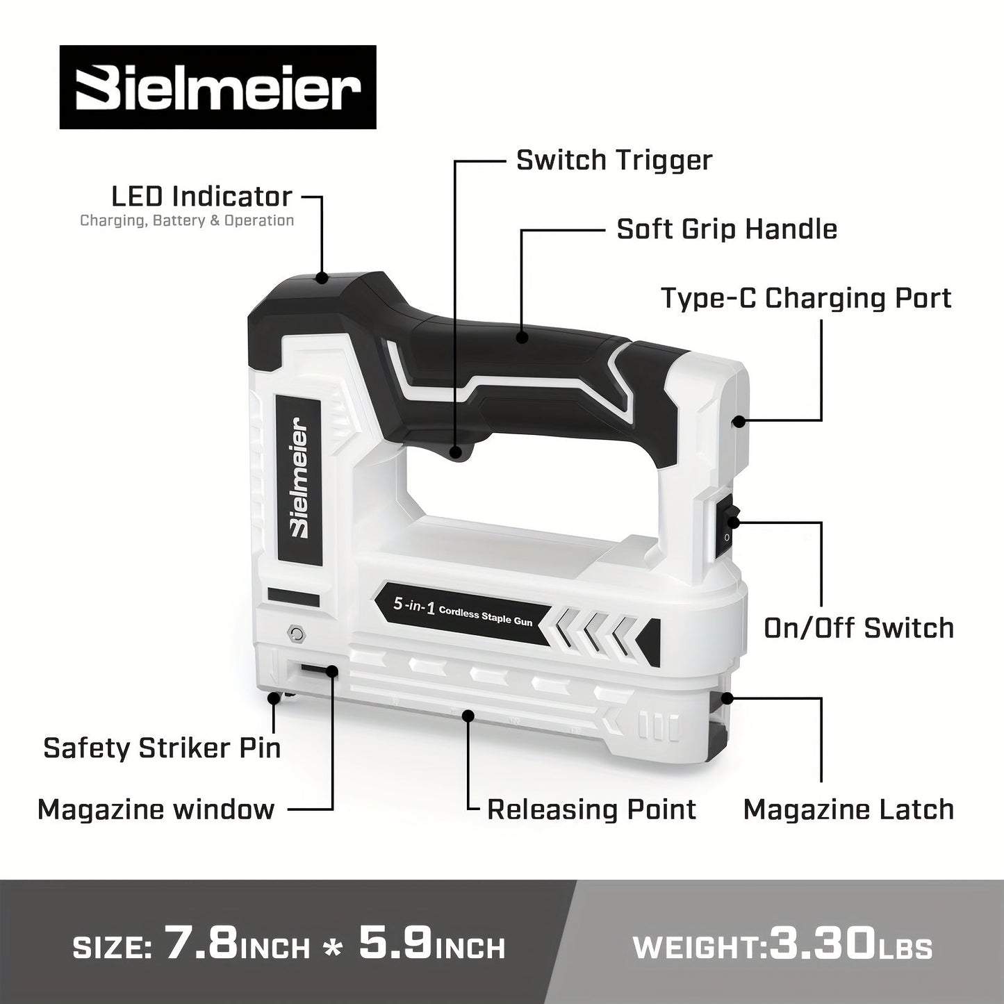 Bielmeier Lithium Ion Staple Gun - 5-in-1 Brad Nailer, 4V Rechargeable Cordless, Battery-Powered with 2,000 Staples and Nails - Power Tacker for Home, Wood, Upholstery, DIY