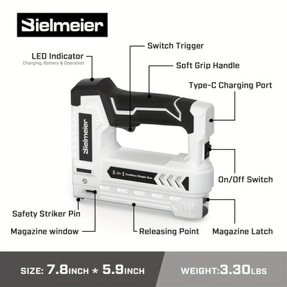 Bielmeier Lithium Ion Staple Gun - 5-in-1 Brad Nailer, 4V Rechargeable Cordless, Battery-Powered with 2,000 Staples and Nails - Power Tacker for Home, Wood, Upholstery, DIY
