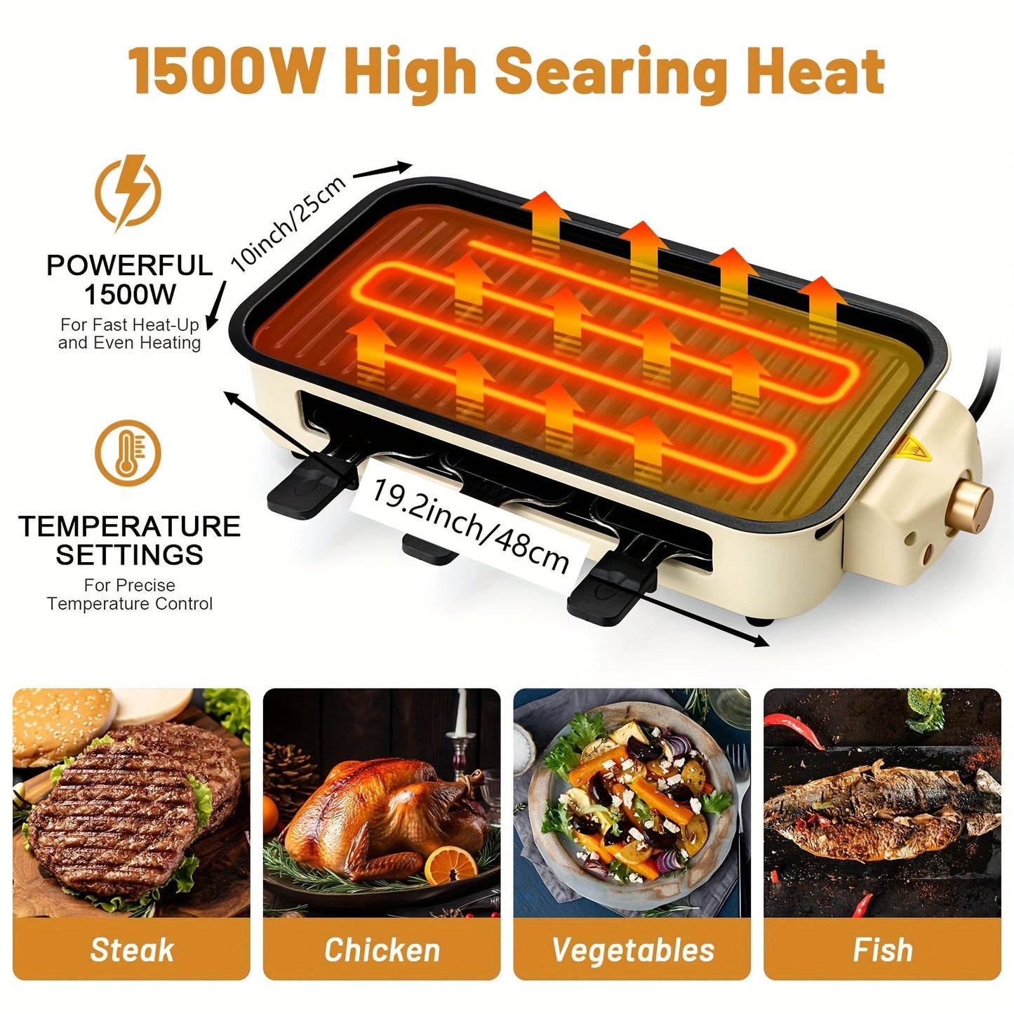 1500W SUSTEAS Smokeless Electric Indoor Grill – 2-in-1 with Non-Stick Removable Plate, Temperature Control, Dishwasher Safe – Healthy, Space-Saving Design