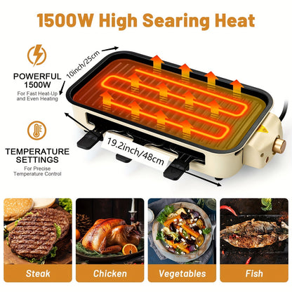 1500W SUSTEAS Smokeless Electric Indoor Grill – 2-in-1 with Non-Stick Removable Plate, Temperature Control, Dishwasher Safe – Healthy, Space-Saving Design