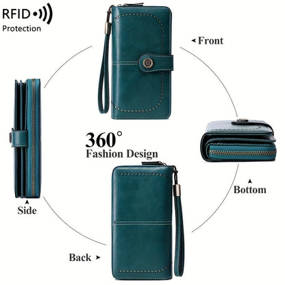 RFID Large Capacity Women's Wallet - Retro Style, Multi-Card, Solid Color with Zipper and Wrist Strap