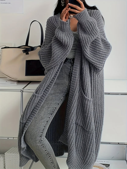 Solid Color Open Front Knitted Cardigan - Casual Long Sleeve Long Length for Spring and Fall Women's Clothing
